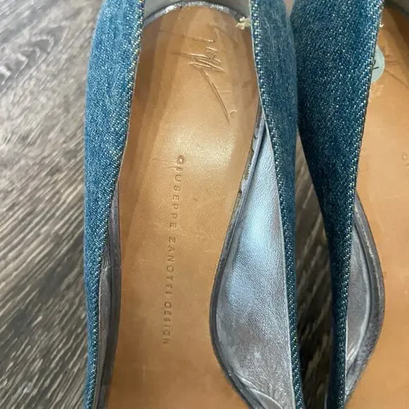 Giuseppe Zandotti Women's Size 9.5 Blue Denim & Silver Koka Peep Toe High Heels - Picture 14 of 14